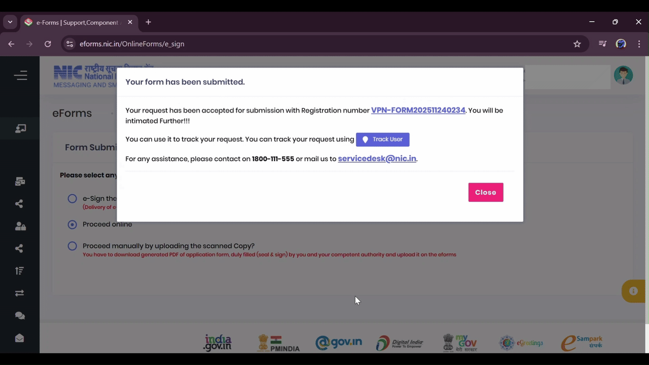 Screenshot of form submitted confirmation with registration number